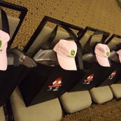 Goodie bags, complete with John Deere hats for the eight NFOB finalists.