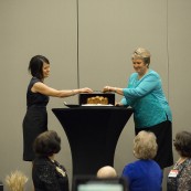 Cindy Falk and Julene DeRouchey, co-chais of the National Festival of Breads, announce the winner of the 2017 NFOB.