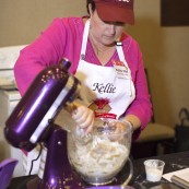 Kellie White baking her 2017 NFOB finalist bread, Orange-Spice Anadama Wreath