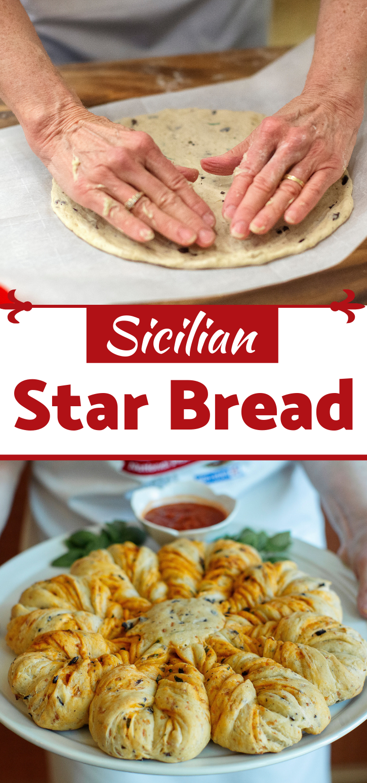 This bread recipe incorporates all of the flavors of Sicily in one beautiful loaf! (And making the star isn't nearly as hard as it looks, but your mother-in-law doesn't have to know that. :) )