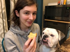 Duncan, the English Bulldog, is also a fan of Lauren's cooking.